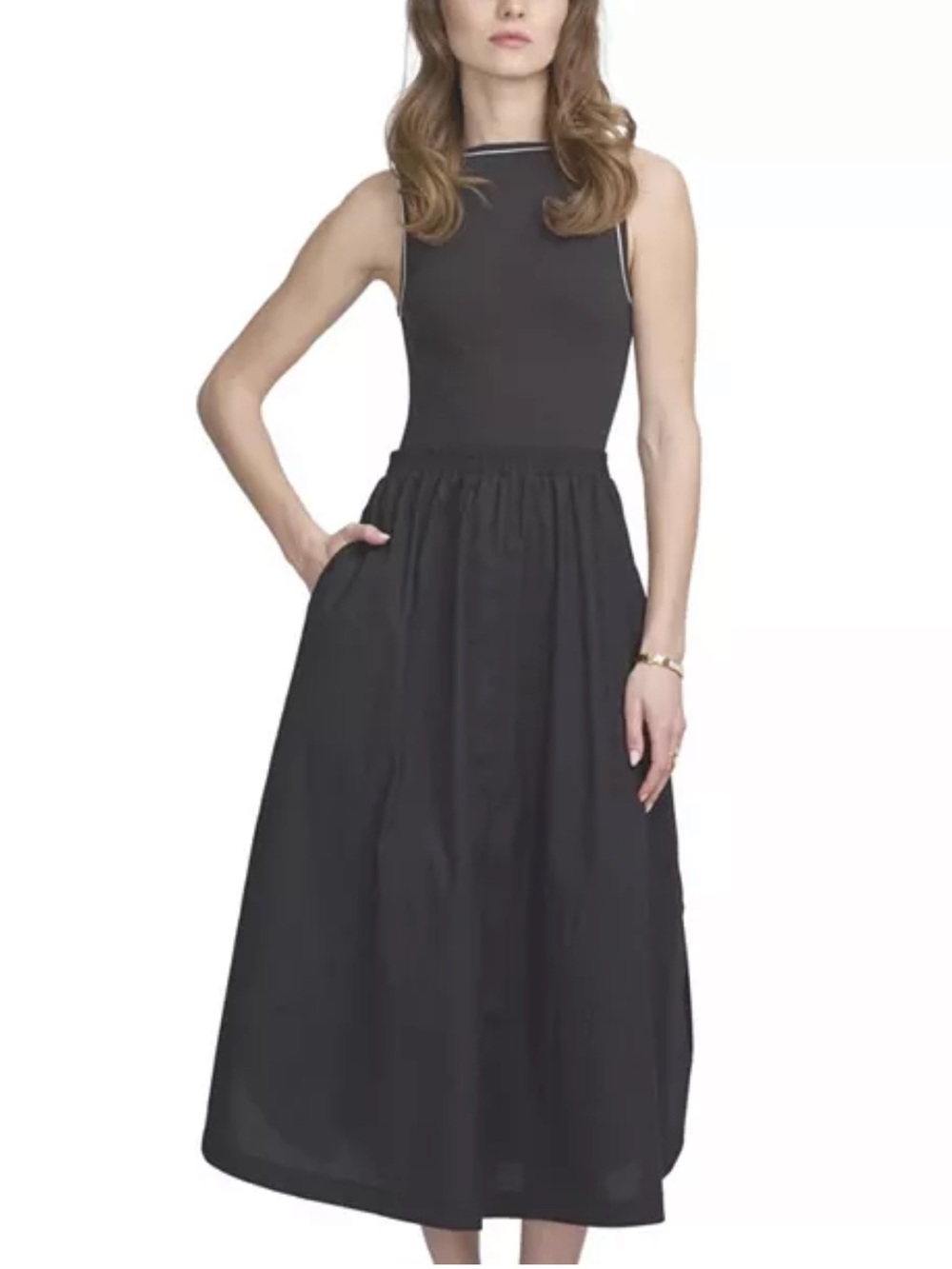 ELLE Collection Mix Media Tank Dress Sleeveless Black Midi Dress with Full Skirt